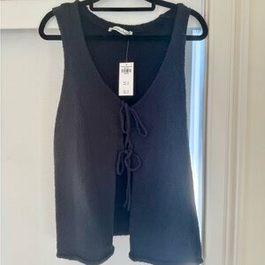 Black Sleeveless Knit Top with Tie Front